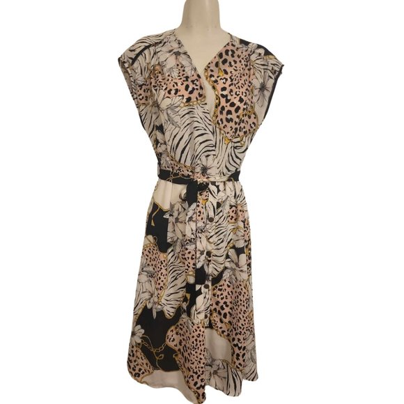 Spring Trendy  Wrap Casual Midi Dress with Chain-link and animal prints - Picture 1 of 3